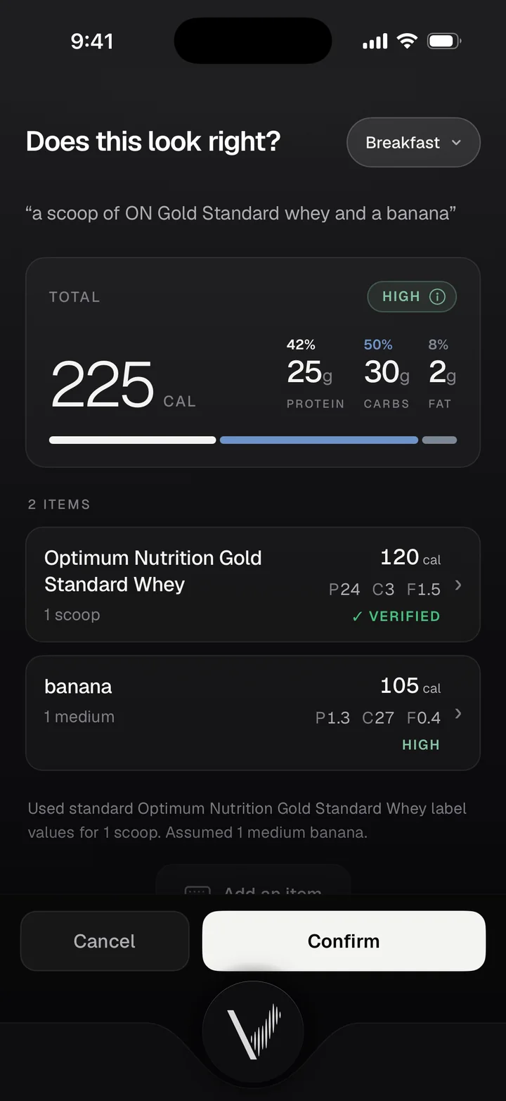 The Voco confirm screen: Optimum Nutrition Gold Standard Whey logged as Verified against its label, beside a banana graded High.