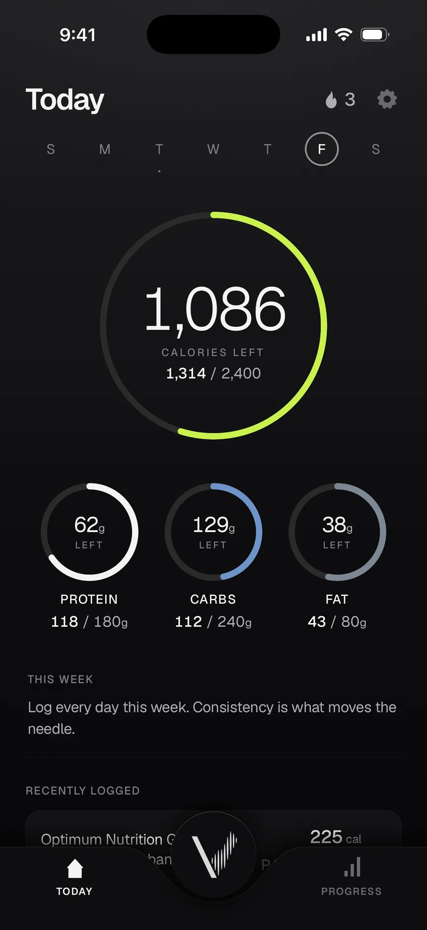 The Voco Today screen on iPhone: a calorie ring reading 1,086 calories left, with protein, carb and fat rings below.
